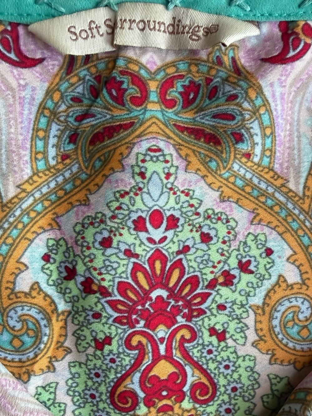 Boho Paisley Tassel Tunic Top | Aqua Pink Print | Size L - Picture 6 of 6
